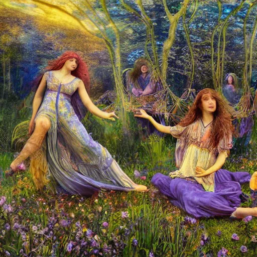 Prompt: preraphaelite hippies dancing in a flower forest, magic occult ceremony ritual summoning guitar, flowing forms, viewed from below, ultra wide angle, beautiful sky, highly detailed