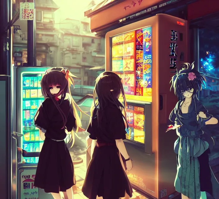 Image similar to Two beautiful anime women, standing in front of a vending machine outside of a Japanese convenience store, in a narrow Tokyo alleyway, gorgeous sunlight and shadows, D&D, fantasy, highly detailed, digital painting, artstation, concept art, sharp focus, illustration, in style of GUWEIZ and WLOP and NIXEU and Craig Mullins