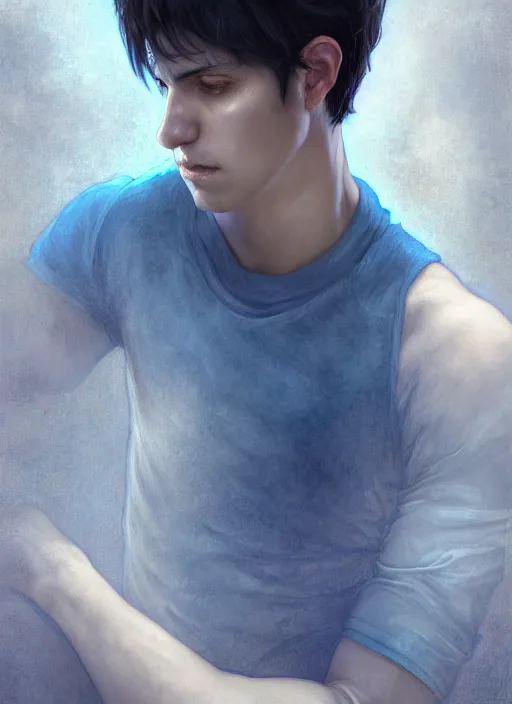 Image similar to handsome young man with short black hair, male, dressed in blue, looking down, half body shot, arms down, path traced, highly detailed, high quality, digital painting, bastien lecouffe - deharme, mucha