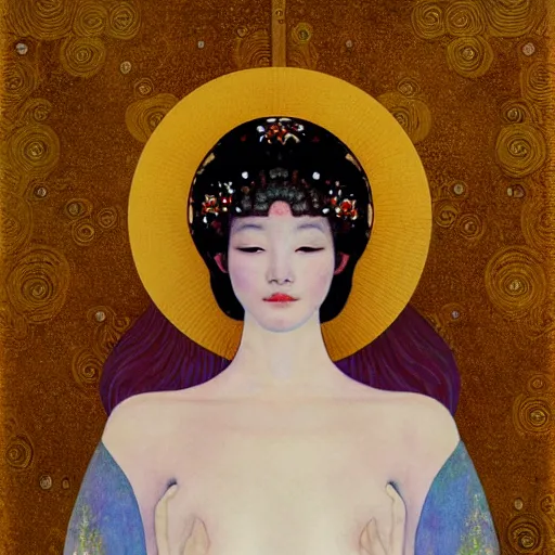 Prompt: a portrait of a very beautiful goddess with halo behind her head, looking in front, in the style of WLOP and Hsiao-Ron Cheng and Gustav Klimt