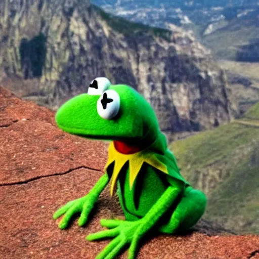 Image similar to kermit the frog drinking a beer on the edge of a cliff