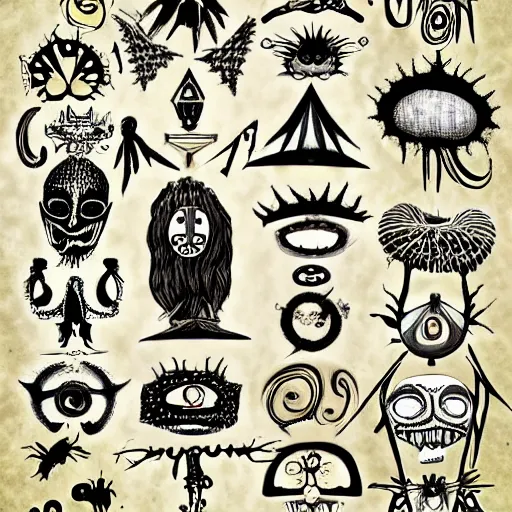 Prompt: detailed digital art of precolombine symbols by tim burton inspired