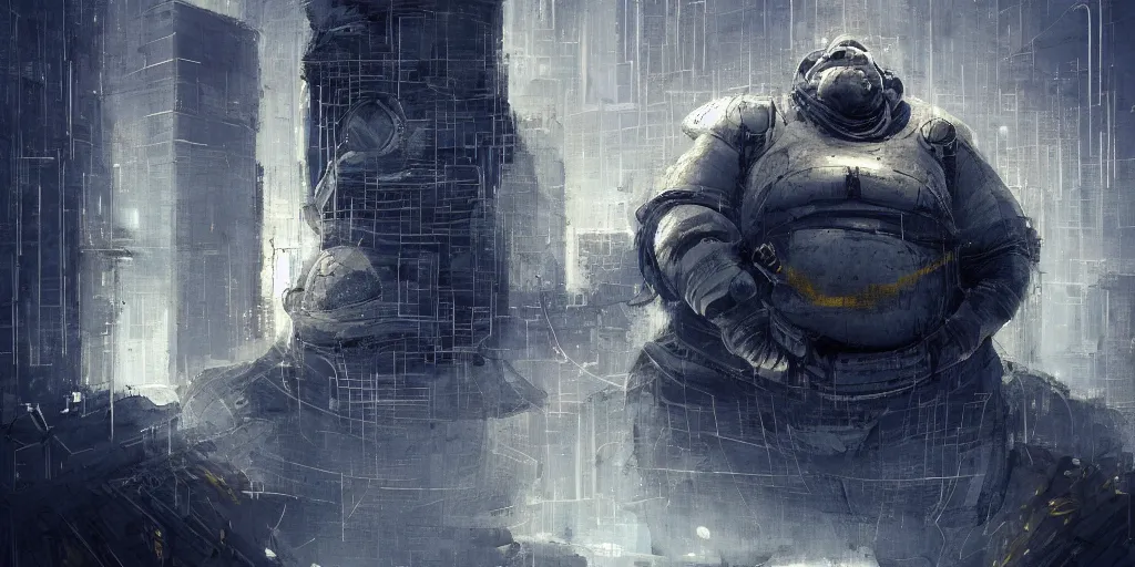 Prompt: portrait of a fat man sci fi soldier ranger, brutalist city architecture, dark epic, white and gold, emissive lights and cables and wires, high details, ceremonial clouds, dripping paint, fibonacci rhythm, artstation, art germ, wlop, pablo dominguez, sabbas apterus, award - winning, artstation