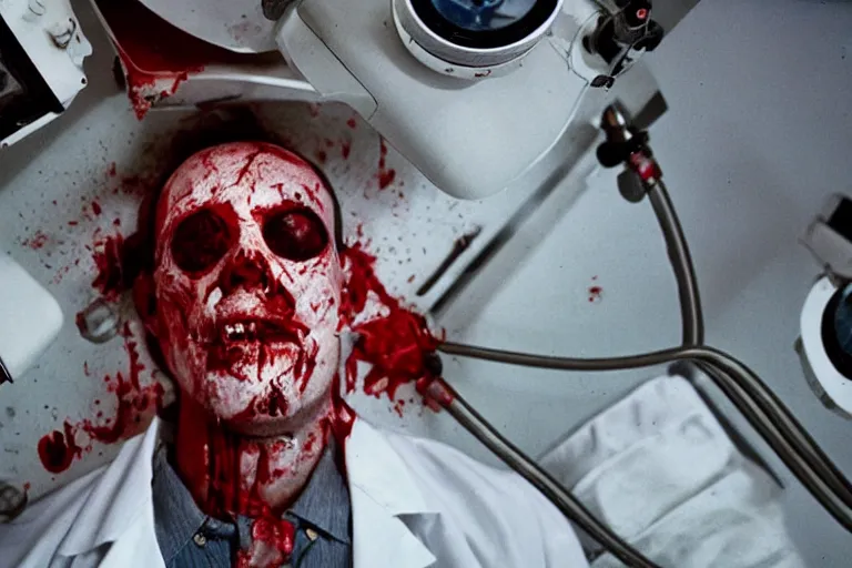 Image similar to filmic wide shot dutch angle movie still 35mm film color photograph of a doctor with his face completely torn off, eyeballs hanging out of his skull, drenched in blood lying on his back on a science lab floor in the style of a 1982 horror film