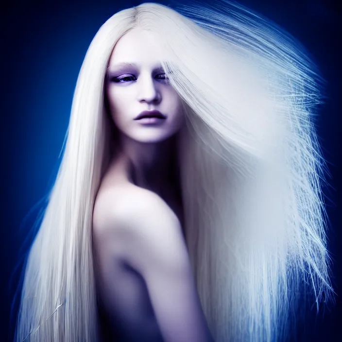 Image similar to simulating photography of a beautiful woman with long blond hair dressed in long white, fine art photography light painting in style of Paolo Roversi, professional studio lighting, volumetric lighting, dark blue background, hyper realistic photography, fashion magazine style