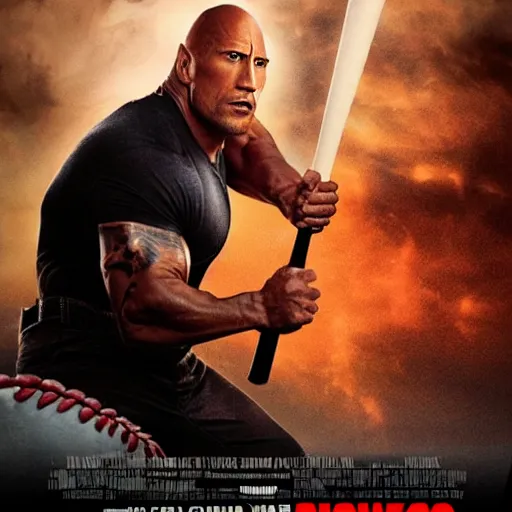 Image similar to movie poster of dwayne johnson with a baseball bat fighting godzilla outside a space station