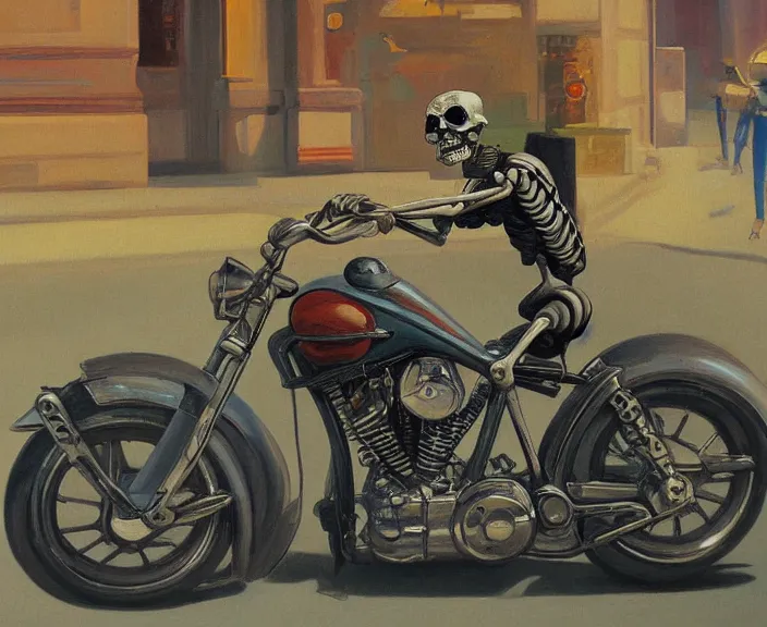 Prompt: a very detailed painting of a skeleton wearing a suit, riding a motorbike down a street, harley davidson motorbike, worm's - eye view, very fine brush strokes, very aesthetic, very futuristic, in the style of edward hopper and grant wood and syd mead, 4 k,