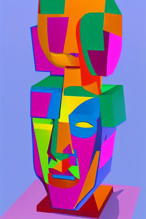 Image similar to cubist moai statue cutout digital illustration cartoon colorful beeple