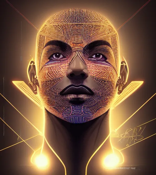 Image similar to symmetry!! egyptian prince of technology, solid cube of light, hard edges, product render retro - futuristic poster scifi, lasers and neon circuits, brown skin man egyptian prince, intricate, elegant, highly detailed, digital painting, artstation, concept art, smooth, sharp focus, illustration, dreamlike, art by artgerm