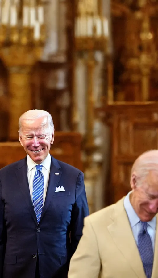 Image similar to smiling biden with closed eyes praying in a russian church