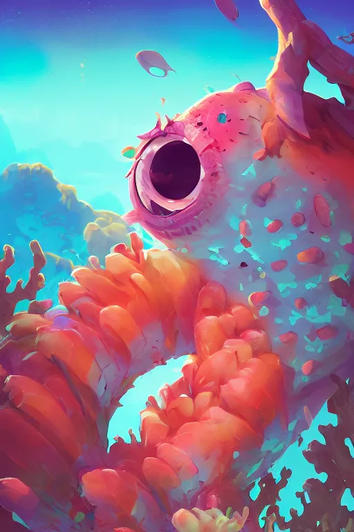 Image similar to creature animal sushi cristal very big eye roots cactus elemental flush of force nature micro world fluo fishscale, behance hd by jesper ejsing, by rhads, makoto shinkai and lois van baarle, ilya kuvshinov, rossdraws global illumination