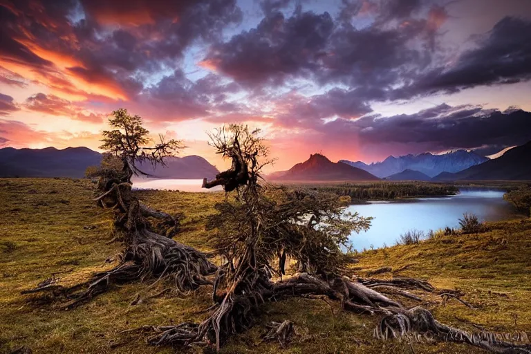 Image similar to beautiful very old photo of a landscape of mountains with lake and a dead tree in the foreground by Marc Adamus, sunset, dramatic sky, 1920