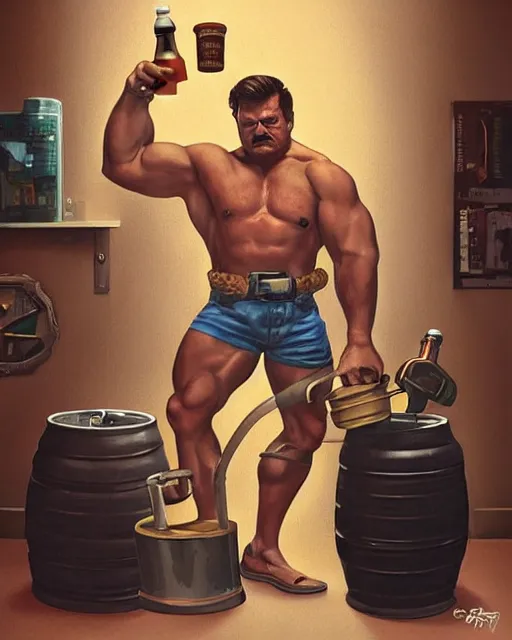 Image similar to gigachad ron swanson bodybuilder holding a keg of beer in final fight office by ilya kuvshinov, ernest khalimov body by krista sudmalis, fantasy character portrait, ultra realistic, concept art, intricate details, elegent, digital painting, smooth, sharp focus, illustration, art by artgerm and greg rutkowski and alphonse mucha, artstation