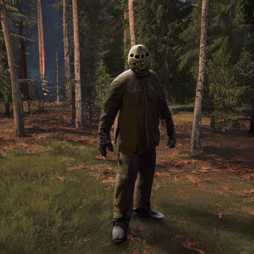 Image similar to Jason Voorhees in the woods unreal engine 5 4K detail