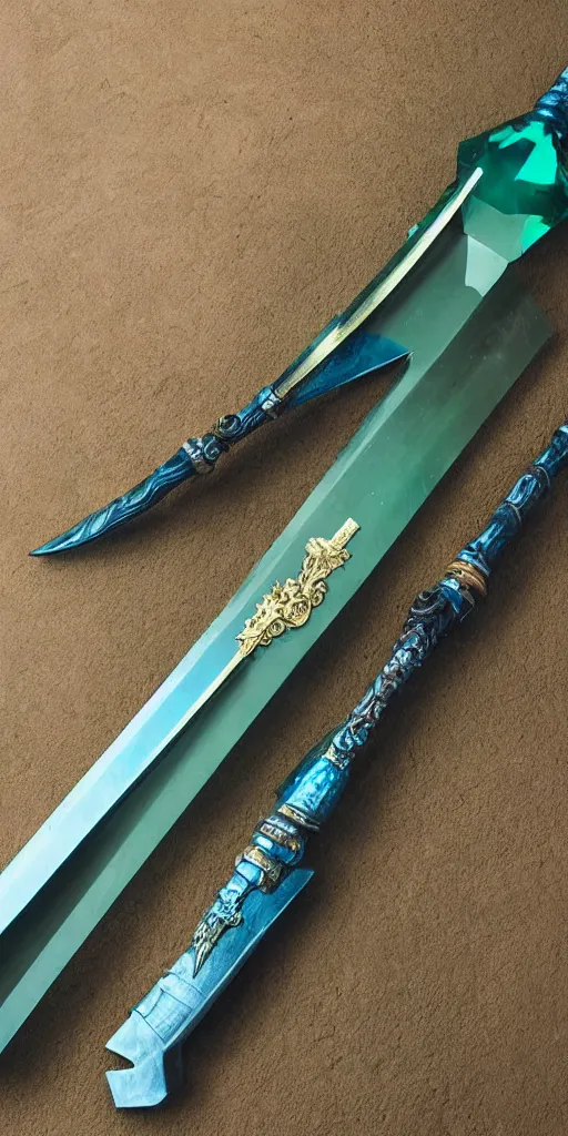 Image similar to photograph of a wide green and teal crystal sword blade attached to a big gold sword hilt