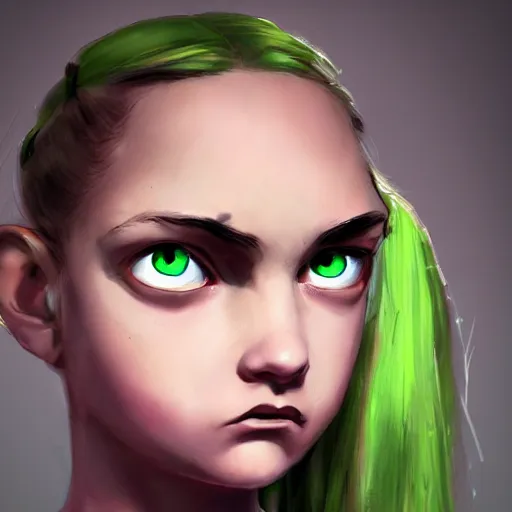 Image similar to artstation young girl with green eyes and pigtails her head in fury, looking to the right, very detailed, , portrait, high contrast
