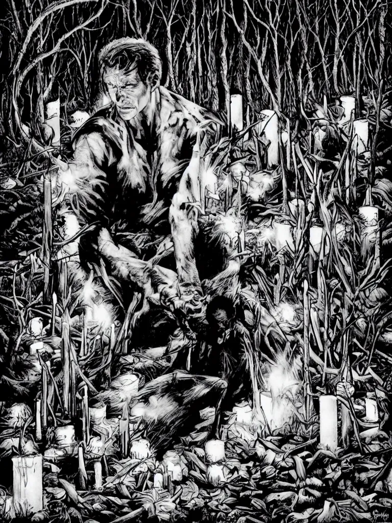 Image similar to sandman surrounded by candles in a deserted forest by lee bermejo