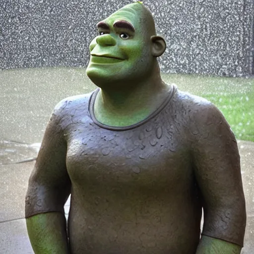 Prompt: A monumental, 10 feet tall bronze sculpture of Shrek standing, in the middle of a rainy courtyard, contrapposto, natural overcast lighting, museum catalog photography, F 2.8, 85mm Velvia 100, high DOF