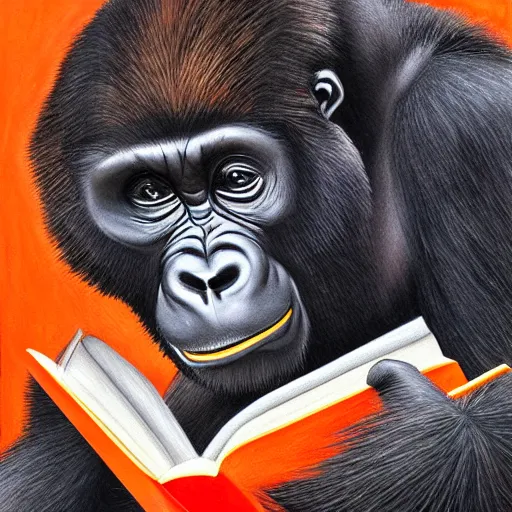 Prompt: realistic painting of a gorilla reading a book, highly detailed, orange and black color scheme, renaissance era