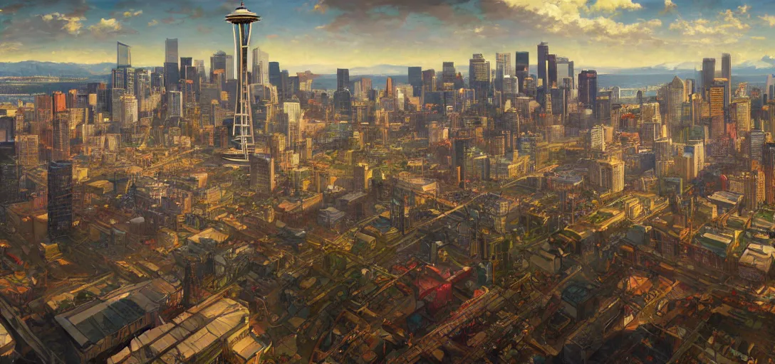 Prompt: the city of Seattle by Stanley Artgerm Lau, greg rutkowski, thomas kindkade, alphonse mucha, loish, norman Rockwel