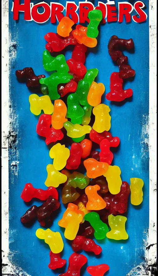 Image similar to horror movie poster about gummy bears and gummy worms