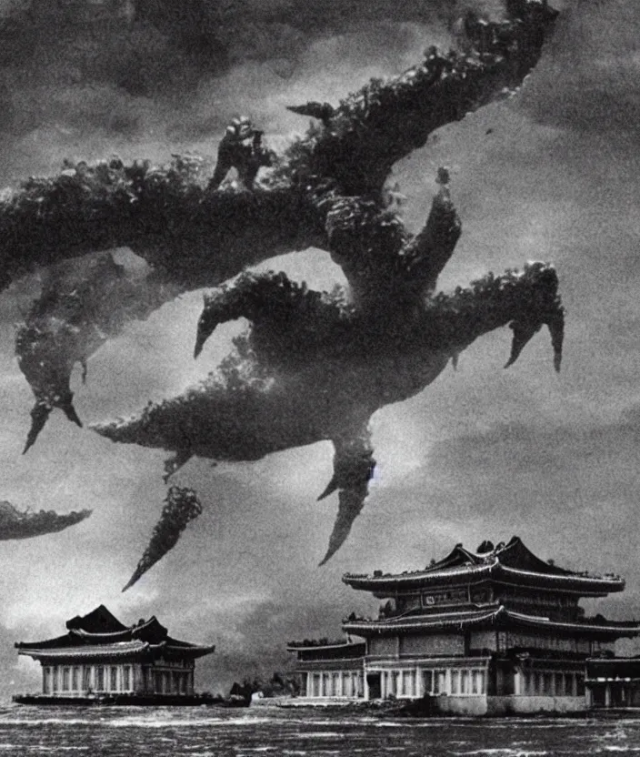 Image similar to a filmstill of a north korean monster movie, kaiju - eiga monster with starfish - arms trampling a traditional korean palace, foggy, film noir, epic battle, etheral, explosions, communist propaganda, communist epic thriller, by kim jong - il and akira kurosawa and tim burton, video compression