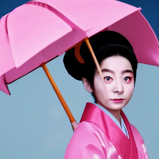 Image similar to rowan atkinson dressed as a traditional korean woman with an umbrella, cinematic shot, dynamic lighting, close up, impressive winning photo, pastel colors