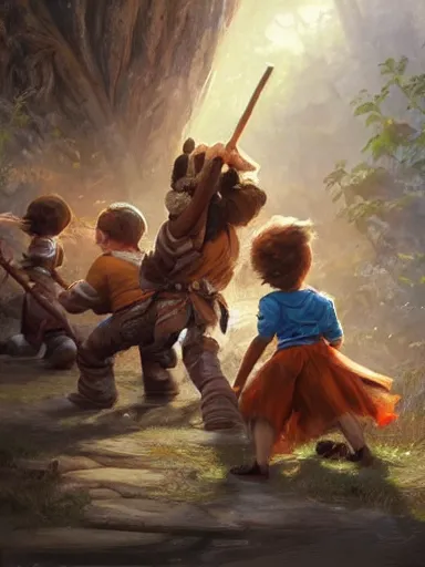 Prompt: kids playing with sticks. fight intricate, elegant, highly detailed, digital painting, artstation, concept art, sharp focus, illustration, by justin gerard and artgerm, 8 k