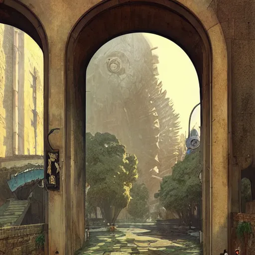 Image similar to art deco archway leading into arcology with studio ghibli wooden homeless medieval city built into it, science fiction concept art by greg rutkowski and wayne barlowe and alphonse mucha