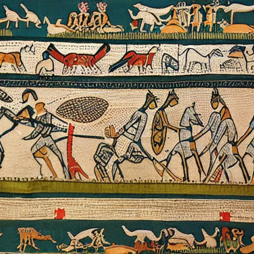 Image similar to bayeux tapestry, duck fight