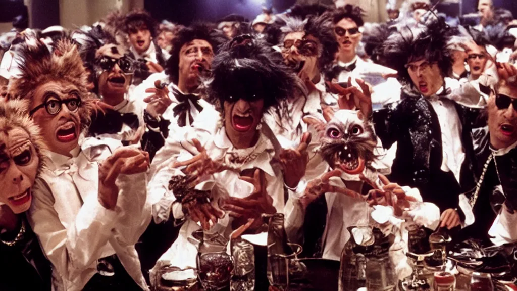 Prompt: Gremlins disguised as soundcloud rappers and heath food influencers orchestrate black swan event stock market crypto crash, film still from Gremlins 3 directed by Joe Dante, Nathan Fielder and Groucho Marx