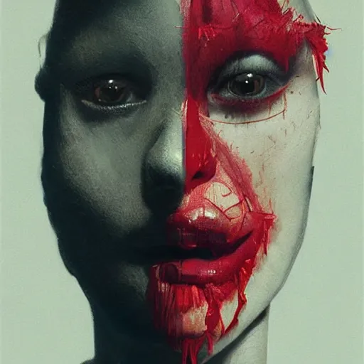 Prompt: lips sewn shut of a pelham puppet surrounded by red curtains by Conrad Roset and Nicola Samuri, medium shot, rule of thirds, seductive look, beautiful, intricate, dystopian, sci-fi, extremely detailed, digital painting, artstation, concept art, smooth, sharp focus, intimidating lighting, incredible art, details visible, very dark ambiance