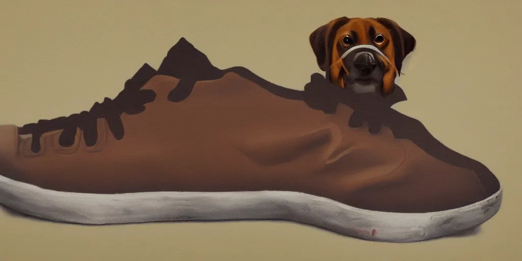 Prompt: smoking brown dog with sneakers, as a matte oil painting