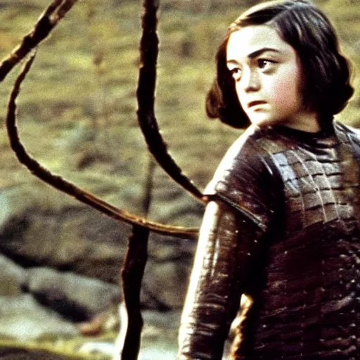 Image similar to still from campy old 70's movie Game of Thrones (1972) actress playing Arya Stark