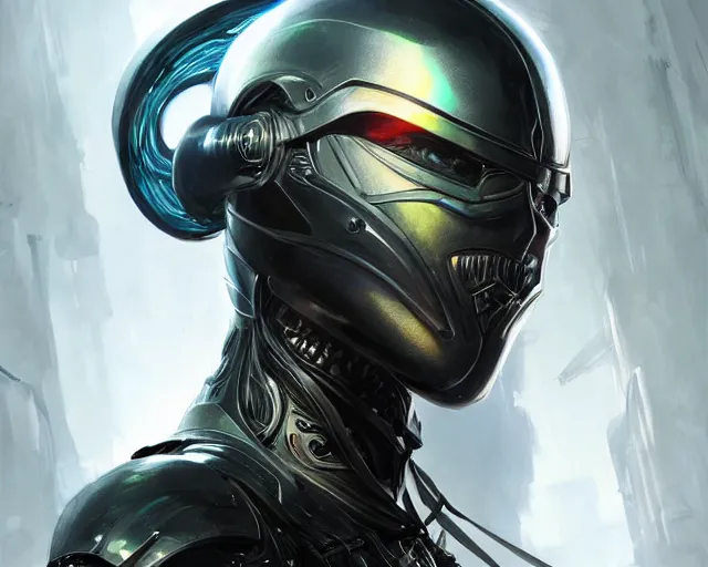 Prompt: the omnipotent assassin, vivid award winning digital artwork, intricate black sharp iridescent hooded semi - cybernetic armour, beautiful iridescent technology and weapon, human face, detailed realistic colors, character art by greg rutkowski and artgerm