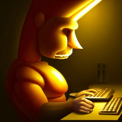 Image similar to Anthropomorphic corn cob using computer in a dark room, face illuminated, hyperrealistic, artstation, 8k, concept art, very detailed, hd, digital painting, shadows, dimly lit, dramatic lighting