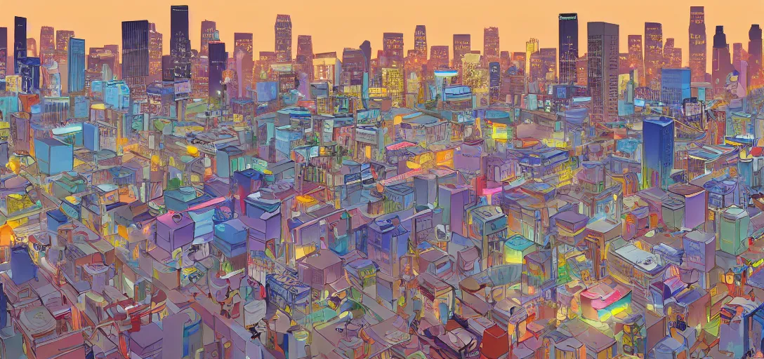 Image similar to visual development los angeles skyline cityscape, by lou romano, pixar disney dreamworks sony animation, photoshop, the art of books