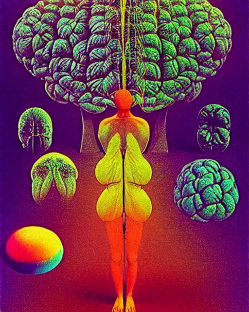 Prompt: a colorful chromatic abberation, 9 0 s toy commercial, double exposure photo from the 7 0 s, polaroid photo of all of the world's botanical knowledge in one brain, by zdzislaw beksinski, by ernst haeckel