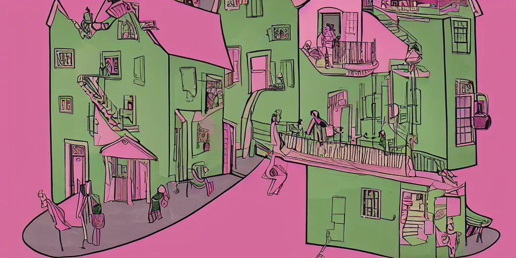 Image similar to a pink and green illustration of a house, a storybook illustration by muti and tim biskup, featured on dribble, arts and crafts movement, behance hd, storybook illustration, dynamic composition