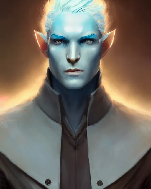 Prompt: character portrait of a slender young half elven man with white hair, piercing cyan blue eyes, and pale blue skin, by greg rutkowski, mark brookes, jim burns, tom bagshaw, trending on artstation