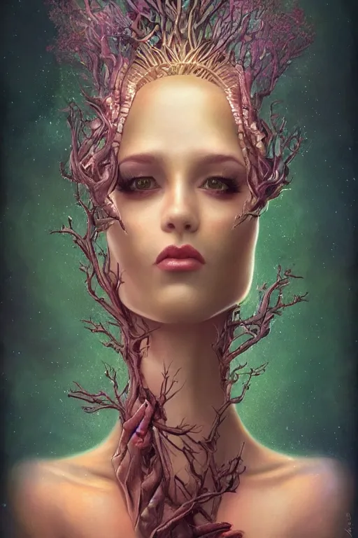 Prompt: portrait of an elegant alien tree woman queen, straight on portrait, by artgerm, tom bagshaw, gerald brom, vaporwave colors, lo - fi colors, vaporwave, lo - fi, moody vibe, goth vibe, 4 k, hd,