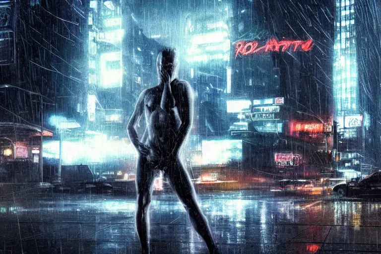 Image similar to roy batty with a bare torso sits in the lotus position with his head bowed in the rain on the roof of a building in the cyberpunk future, around neon signs, a little haze, night, realistic proportions, anime style ghost in armor