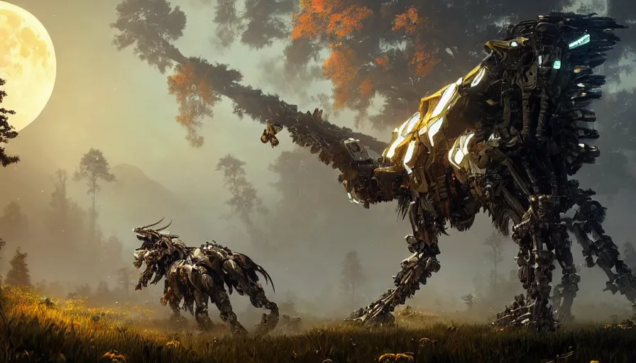 Image similar to large walking mech covered in gold and silver armor, horizon zero dawn aesthetic, beautiful moon lit night, many glowing lights, beautiful forests and trees, intricate detail, epic wallpaper, art by darek zabrocki and John Park and Feng Zhu and Jason Chan, trending on artstation, masterpiece.