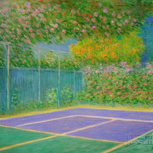 Image similar to tennis court, art by claude monet, impressionism, oil painting, bright colors, advertising painting