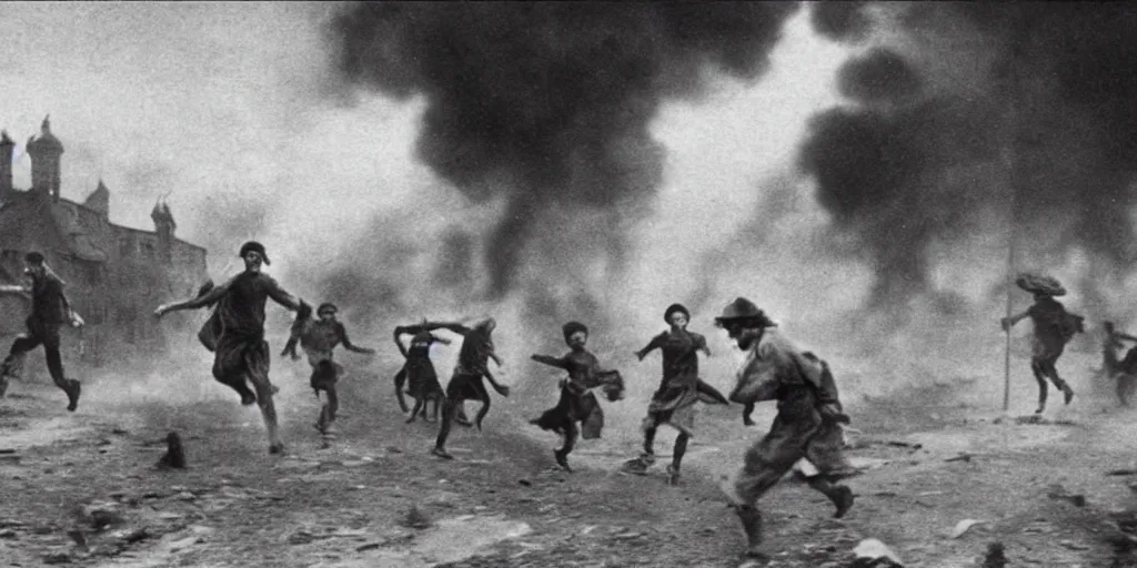 Image similar to villagers running from huge medieval fantasy town that is on fire, 1 9 1 0 s film scene