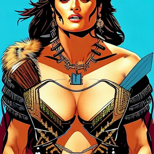 Image similar to a portrait of Salma Hayek as a barbarian warrior intricate details by MARVEL comics and Sandra Chevrier