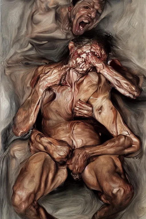 Prompt: a man enraged, part by Jenny Saville, part by Lucian Freud