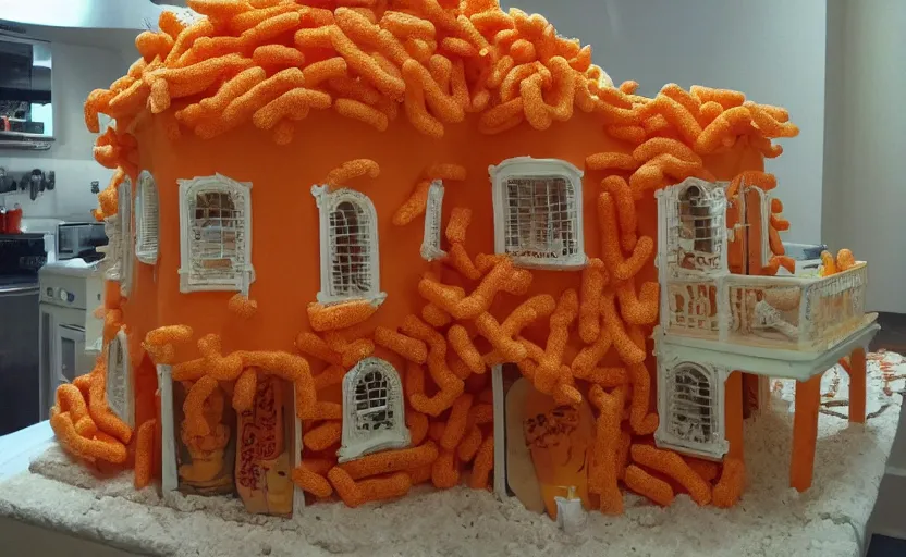 Image similar to beach house made of cheetos, rococo style, extremely detailed