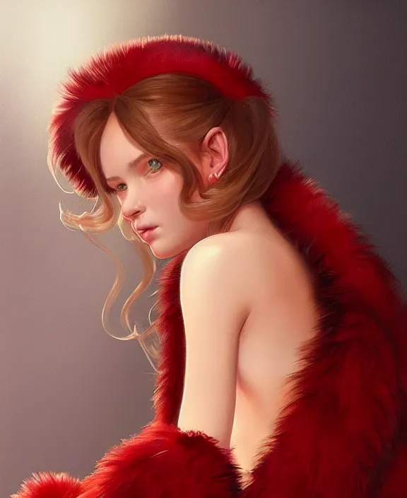 Image similar to teen girl in dress made of red fur, realistic portrait, highly detailed, digital painting, artstation, concept art, smooth, sharp focus, illustration, cinematic lighting, art by artgerm and greg rutkowski and alphonse mucha and boris vallejo and frank frazetta