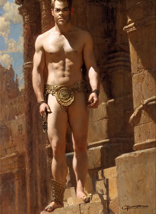 Image similar to gladiator chris pine, roman baths painting by gaston bussiere, craig mullins, j. c. leyendecker